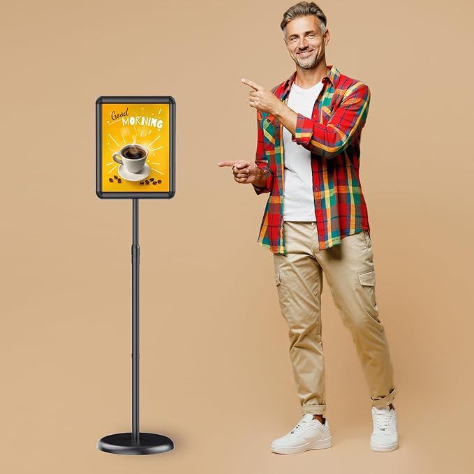 Newzueby Pedestal Floor Stand Sign Holder for 8.5x11 inches Poster or chalk board, Snap open frame,360° Rotation,Outdoor Indoor Standing Display Sign Holders for commerical, directional, Black 3 Pack