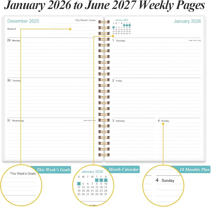 2026-2027 Planner - 18 Months Weekly & Monthly Planner from January 2026 - June 2027, Spiral Notebook 2026-2027 with Elastic Closure, Inner Pocket, Medium 5.8" x 8.3", Blue Watercolor