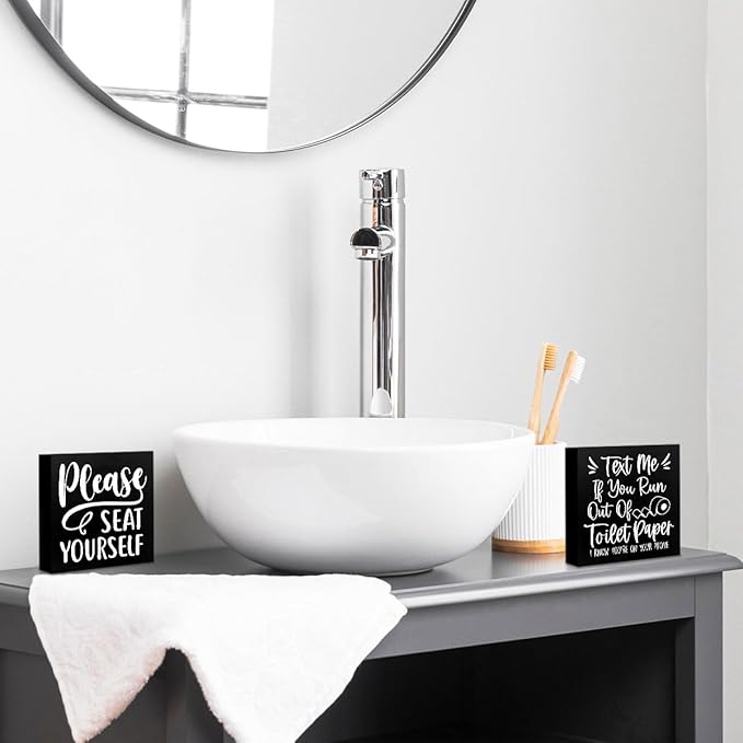 2 PCs Funny Bathroom Decor, Humor Bathroom Decorations Bathroom Accessories, Rustic Farmhouse Bathroom Black Wooden Box Sign, Toilet Restroom Washroom Home Shelf Desk Decor Wooden Block Plaques Signs