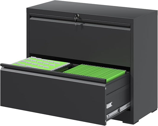 FLIXELIO File Cabinets 2 Drawer,Metal Office Storage Filing Cabinet with Lock,Black Lateral Filing Cabinet for Home Office,Horizontal 2-Drawer File Cabinets for Legal/Letter/A4,Assembly Require,Black