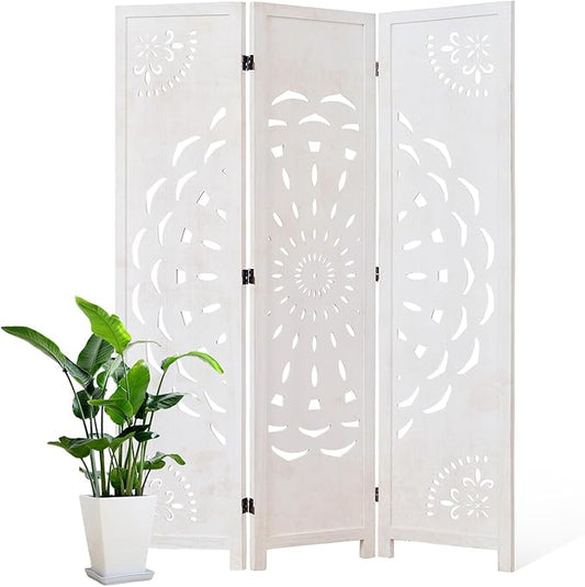 66.9Inch Wooden Room Partition - 3 Panels Boho-Styled Space Room Divider for Home/Office, Headboard & Yoga/Photo/Video Call Backdrop (White)
