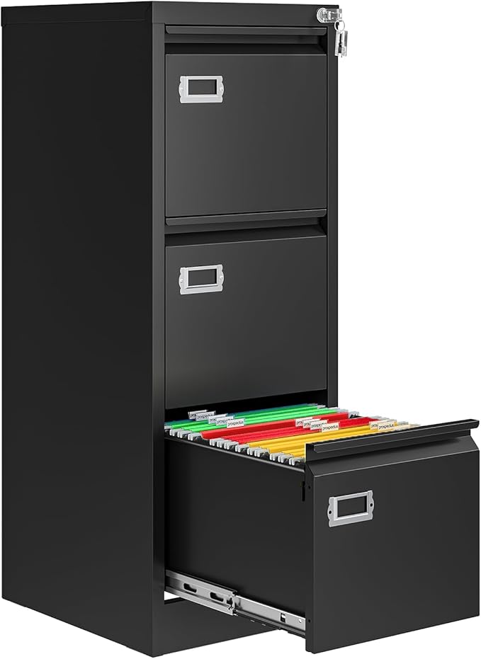 AFAIF 3 Drawer File Cabinet with Lock, Metal Filing Cabinets for Home Office, Vertical Black Locking File Caninet, Steel Narrow Three Drawer File Cabnet for Letter/Legal / A4 / B4- Assembly Required