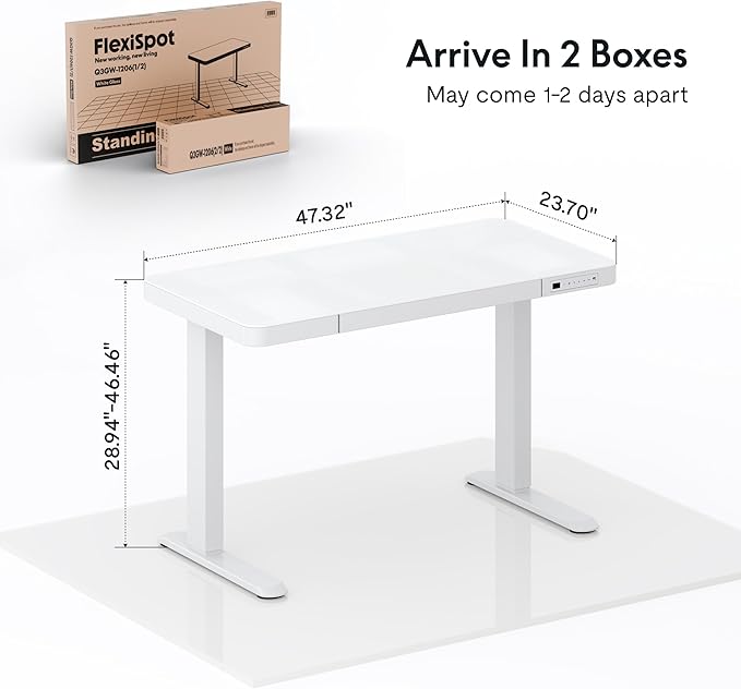 FLEXISPOT Comhar Electric Pure Glass Standing Desk with Drawer Desktop & USB Charge Ports, 48" Ergonomic Height Adjustable Sit to Stand Desk for Home Office (White, Glass)