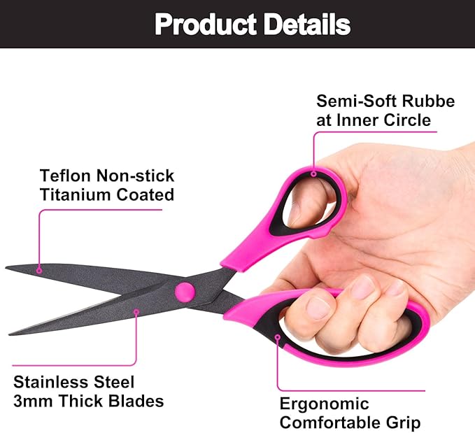 Zicolu Craft Scissors Set, Sharp Scissors All Purpose Heavy Duty, Teflon Non-stick Titanium Coated, Ergonomic Grip, Ideal for Sewing Fabric DIY&Arts Scrapbook School Office Supplies, 9.3''/8.5''/5.6"