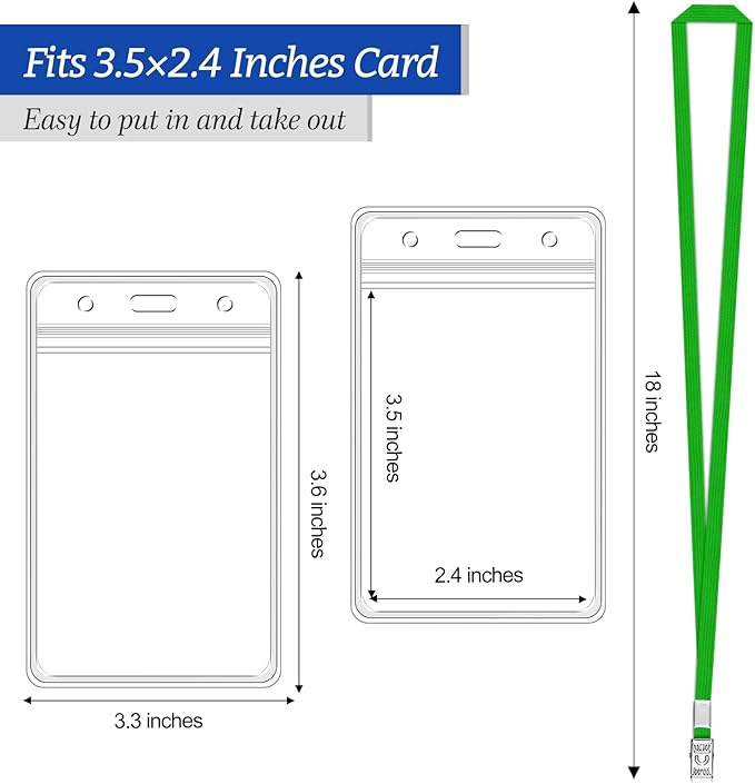 100 Pcs Clear Vertical Badge Id Card and 100 Pcs Lanyard, Reusable Lanyards for Id Badge Holder Name Tag Badge Holder with Lanyards for Adults Kids Business School Conferences (Green)