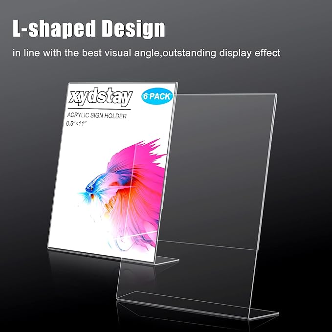 xydstay 6pack 8.5x11 Acrylic, L Shape Clear Plastic, Menu Holder, Unbreakable Table sign holder for Restaurant, Office, School, Store and Home Use