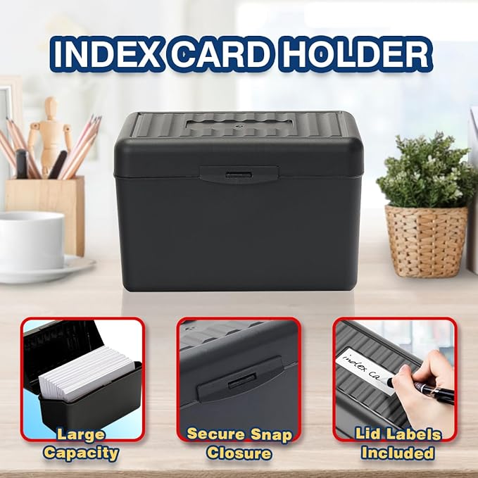 H4D 4x6 Index Card Holder with 100 Heavyweight Ruled Index Cards and 25 Plastic Dividers, Black