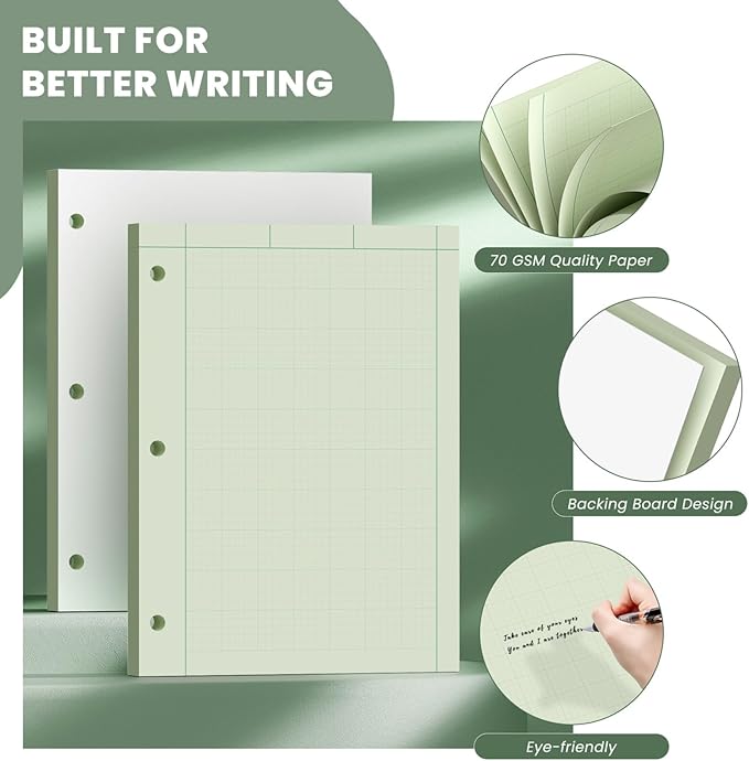 Engineering Paper 8.5 x 11, 3 Pack Engineering Notebook, 5x5 Quad Ruled, 3-Hole Punched Graph Paper, Top Binding Green Engineering Computation Pad 8.5 x 11, 100 Sheets/Pad Engineering Paper Notebook