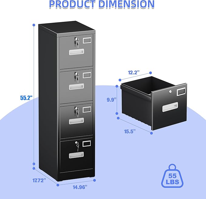 SUXXAN 4 Drawer File Cabinet, Metal Vertical Black Filing Cabinets with Locks Name Card Holder for Home Office, Assembly Required