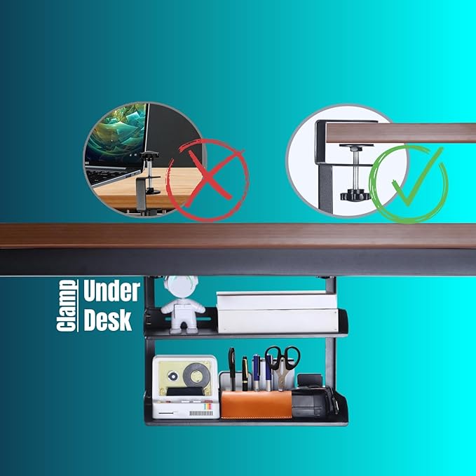 Yuxh Clamp On Desk Shelf 2 Tier Cilp Under Table Organizer, Black-S, 15 inch