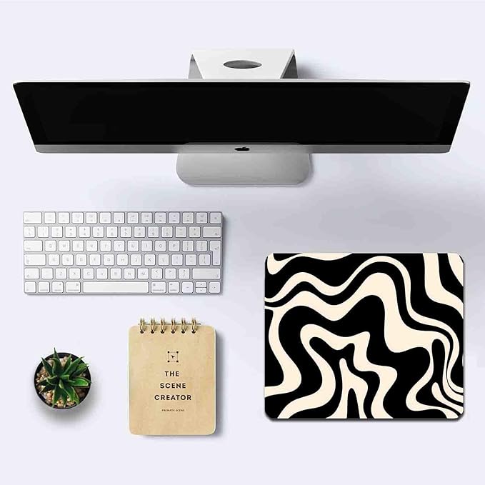 IMAYONDIA Black and White Mouse Pad, Liquid Swirl Retro Mouse Pad, Abstract Pattern Mousepad, Modern Art Cute Desk Decor, Anti Slip Rubber Base Portable Mice pad for Computer Office, 9.5 x 7.9 Inch