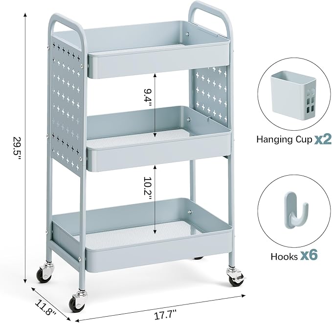 KINGRACK 3 Tier Rolling Cart with DIY Hanging Board, Metal Rolling Utility Cart with Wheels Handles Baskets Hooks, Rolling Storage Cart Suitable for Bathroom, Kitchen, Office, Nursery Diaper (Green)