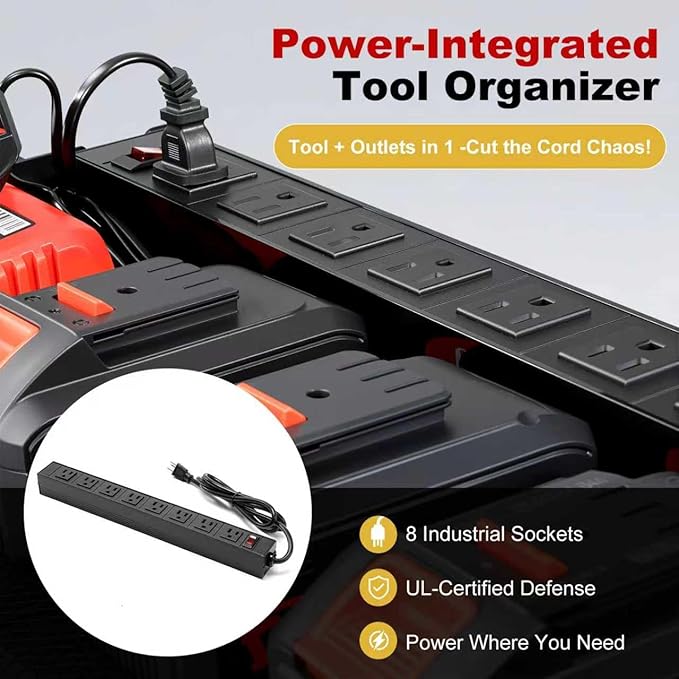 Large Power Tool Organizer Wall Mount with Charging Station, Heavy Duty Cordless Drill Holder, Garage Tool Storage Battery Rack with 8 Outlet, Gift for Men Husband Dad Birthday Anniversary Yellow