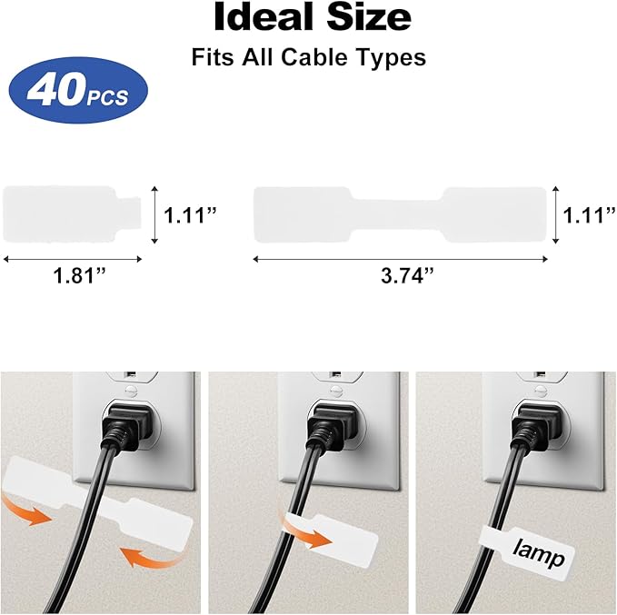 SZ.haitun 40 Pack Cable Labels Tags, White Write On Wire Cord Tags and Charger Labels Waterproof for Cable Management and Identification Electronics (Rectangular)