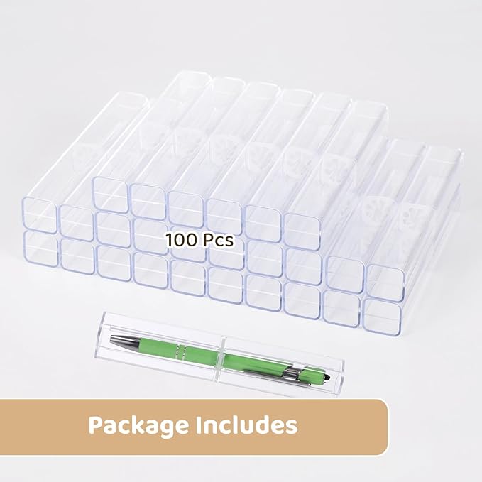 OMISTAR 100PCS Pen Gift Box, Acrylic Clear Pen Gift Box with Inner Fixed Component, Pen Box Display Case for Single Pen, Pen Boxes Gift Empty for School Office Business Supply (100PCS)