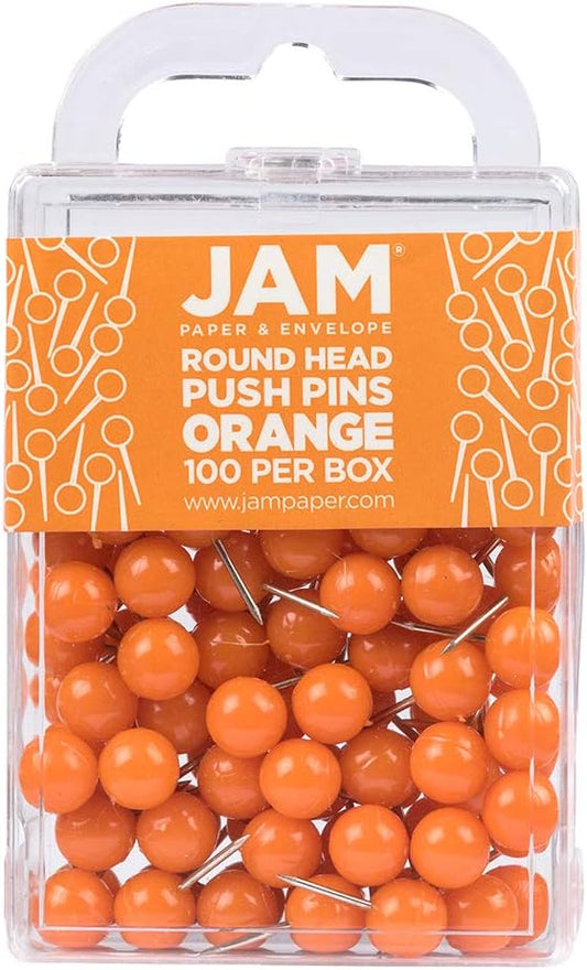 JAM PAPER Colorful Push Pins - Round Head Map Thumb Tacks - Orange Pushpins - 100/Pack