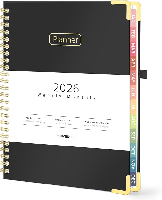 Forvencer 2026 Planner, Hardcover Calendar Planner Weekly and Monthly, Jan 2026 - Dec 2026, 6" x 8", Spiral Agenda Book with Tabs, Exquisite Daily Journal Organizer for Home School, Black