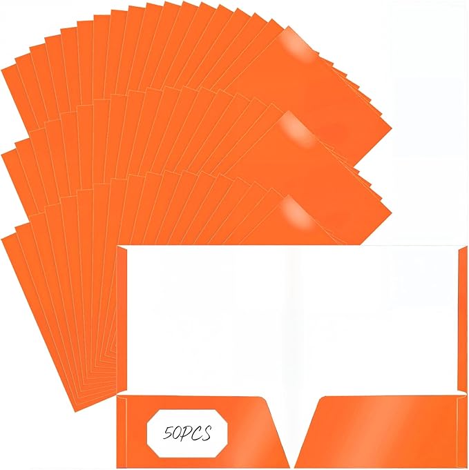 Jutom 50 Pcs 2 Pocket Glossy Paper Folders Glossy Paper Laminated Portfolios, Letter Size, Presentation Folders with Pockets for Office Teacher Worker Supplies (Orange)