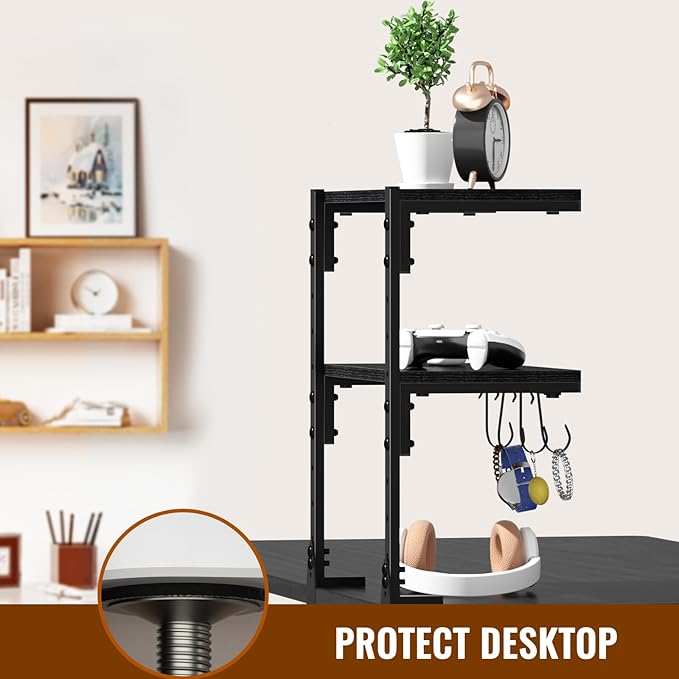 AUATRONNE Clamp-on Desk Shelf, 13 inch Above or Below Desk 2-Tier Shelving, Adjustable Metal Storage Tray for Gaming Devices or Office Desk Accessories and More, Black, Patent Pending