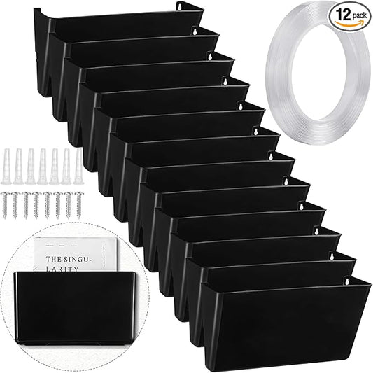 Tenceur 12 Pcs Plastic Single Pocket Wall Mount File Holder with Double Sided Adhesive Tape and Screws Wall File Hanging Folder Letter Paper Mail Organizer for Office Home Classroom(Black)