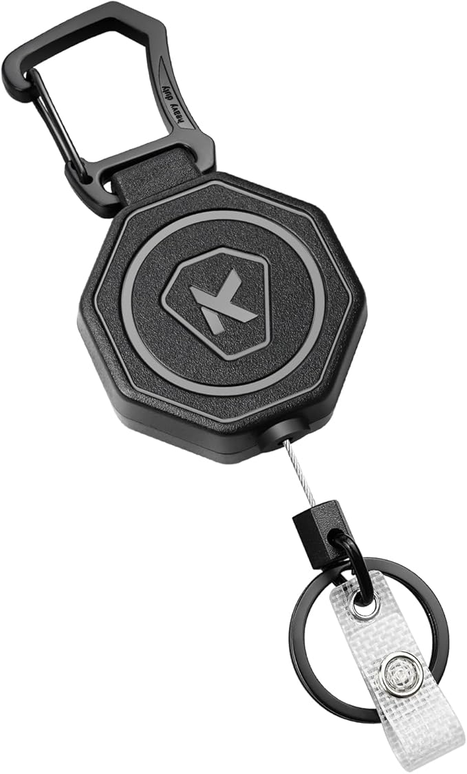 koorito 1 Pack Heavy Duty Retractable Keychain Clip Carabiner Badge Reel Retractable Badge Holder Key Reel with 31.1” Retractable Cord, 9oz, Black