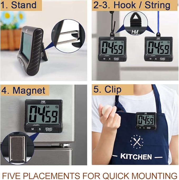 HOME MOST 2-Pack Large Display Kitchen Timer - 3" Digital Timer Magnetic Back Loud Alarm - Black Cooking Timers for Kitchen Teachers Students Games Meetings - Sports Timers for Workouts Exercise