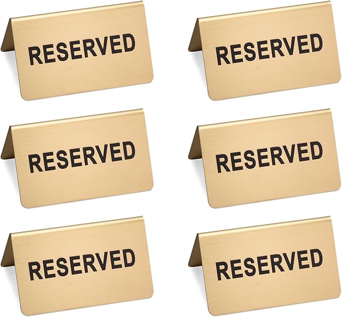 Stainless Steel Reserved Table Sign, Set of 6, 2.36 x 3.94 Inch Tent-Style Signs, Brushed Gold Metal, Durable and Easy to Read for Restaurants, Cafes, Hotels, Weddings, and Events (Gold)