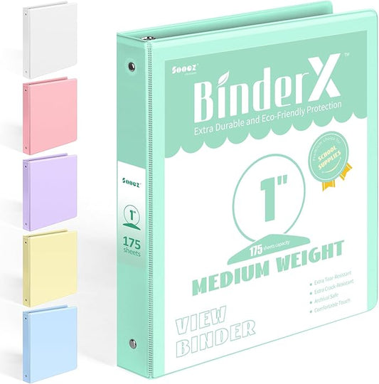 BinderX Extra Durable 3 Ring Binder, Round Ring 1 Inch Binders, Fits 175 Sheets of 8.5x11 Paper, Customizable View Cover with Inside Pockets, Cute 1" Binder, School Supplies for Girls, Green