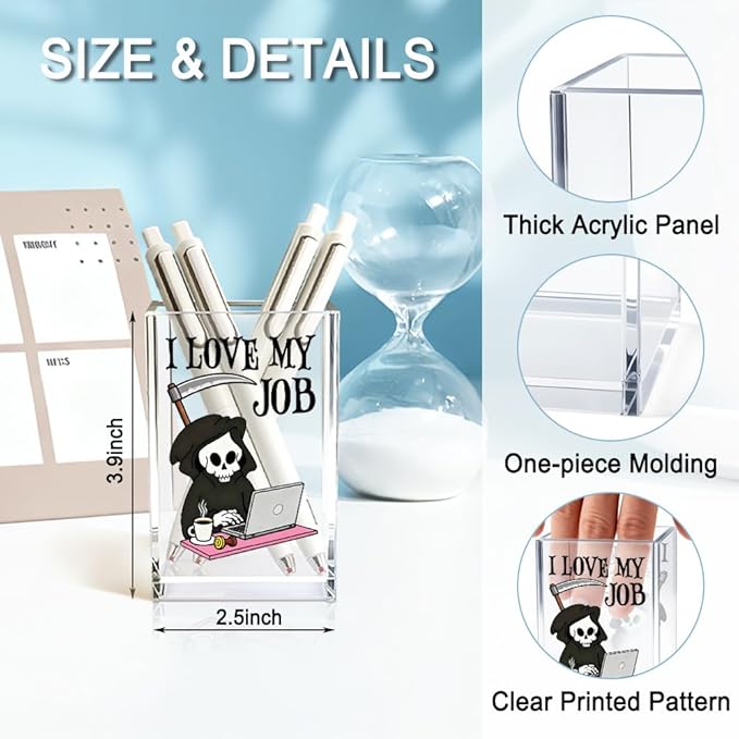 QYUVK I Love My Job Acrylic Makeup Brush Pencil Holder Cup, Funny Grim Reaper Pen Holder For Friends HR Nurse, Office Sarcastic Gifts for Women Coworker Employees, Gag Gifts for Office Desk