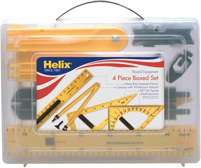 Helix - Magnetic Classroom Whiteboard Geometry 4 Piece Set - Compass - 2 Triangles - Ruler - Protractor