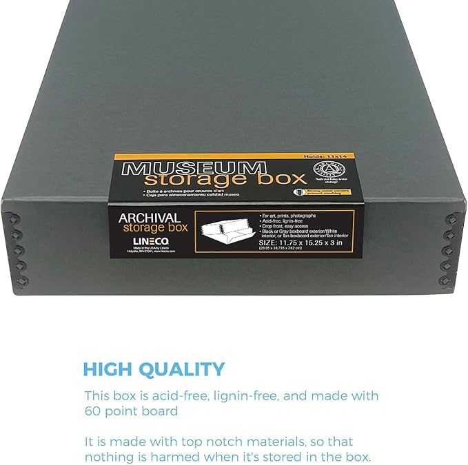 Lineco Museum Archival Storage Box, 11.75x15.25x3 in. Drop Front Design. Acid-Free with Metal Edge. Organize Photos, Pictures, Prints, Documents, Crafts, DIY. Gray, 8 Pack