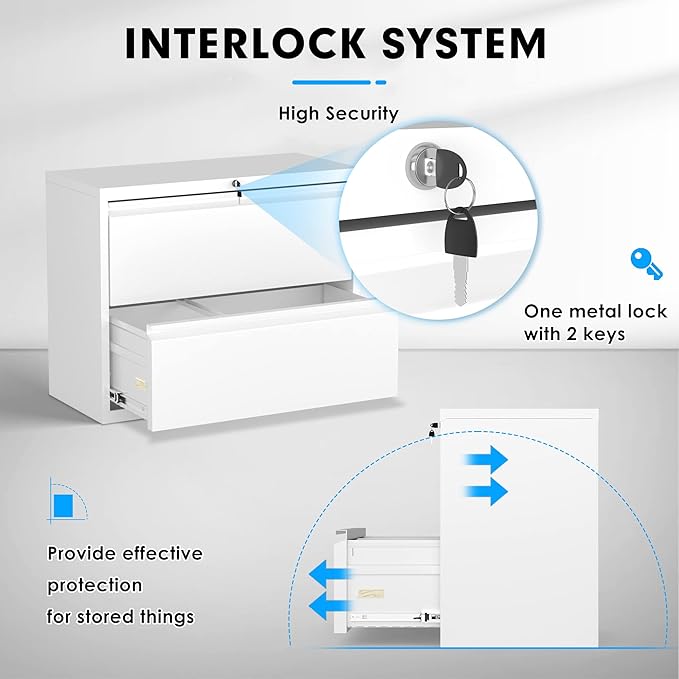 Pataku Lateral File Cabinet, 2 Drawer File Cabinet with Lock, White Filing Cabinets for Home Office, Metal File Cabinet for Hanging Files/Letters/Legal/F4/A4(2Drawer/White)
