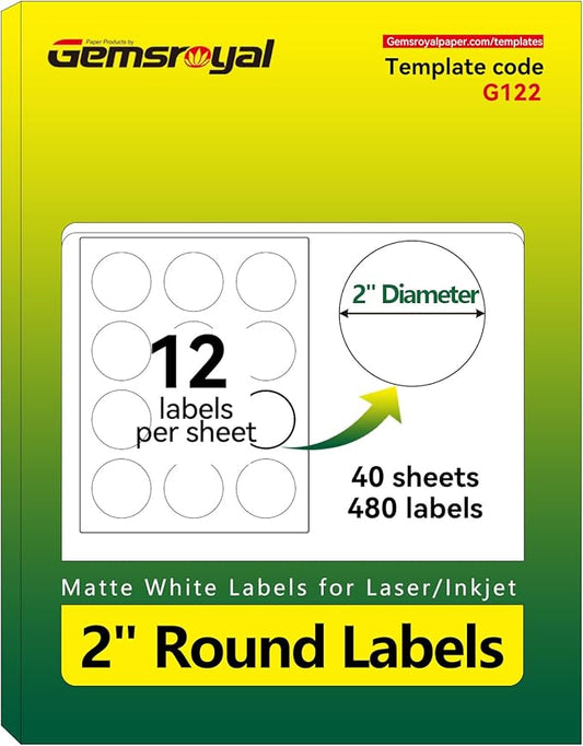 Gemsroyal 2 Inch Round Labels Printable,Matte White Printable Stickers,Circle Labels 2 inch for Printer,2" Blank Round Label Paper,40 Sheets,480 Circle Stickers,World Class Materials