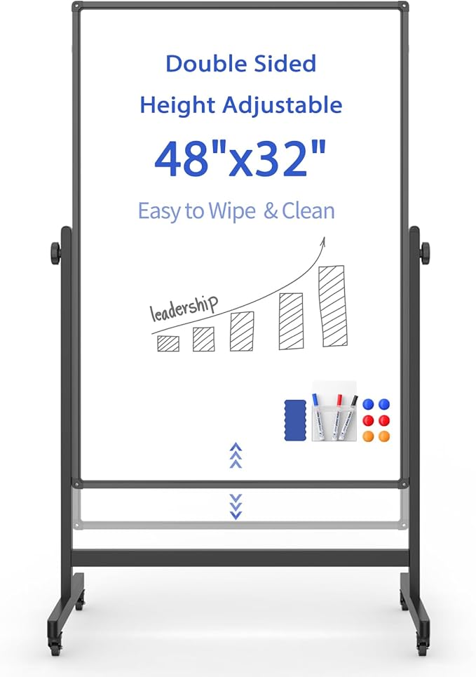 Rolling Whiteboard on Wheels, Double-Sided Magnetic Dry Erase Board with Stand, Mobile White Board for Office, Classroom, Home (32" x 48")