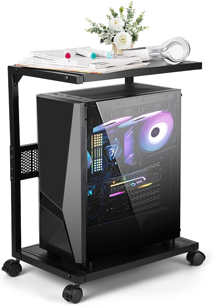 Bfttlity PC Stand Computer Tower Stand 2-Tier Metal CPU Holder with Locking Caster Wheels Suitable for Most PC (S,Black)