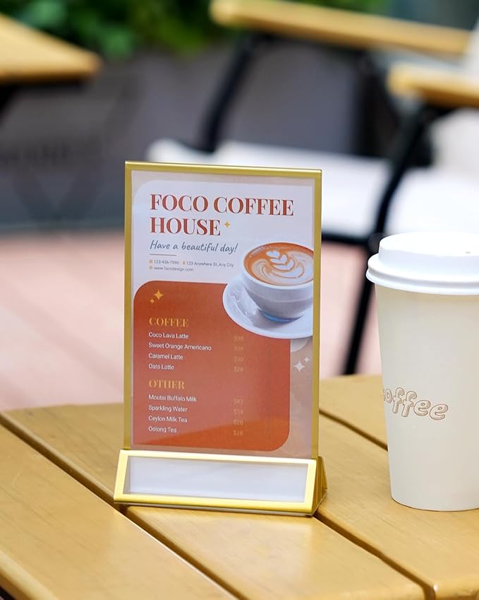 Dynta Acrylic Sign Holder 4x6 8 Pack Double Sided Clear Plastic Display Stands, Tabletop Menu Holder, Flyer Display for Wedding, Party, Restaurant, Office, Retail (Gold Frame)