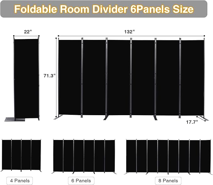CHOSENM Room Divider, 6 Panel Folding Privacy Screens with Wider Support Feet, 6 Ft Portable Room Partition for Room Separator, 132" W X 71" H, Black