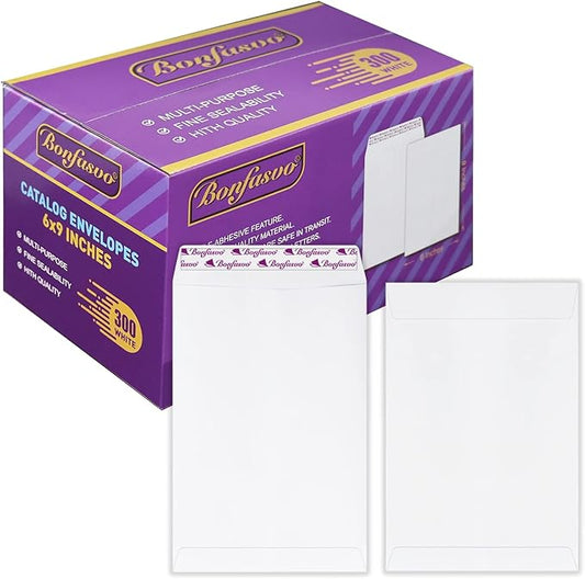 Bonfasvo 300 Pack 6x9 White Catalog Envelopes Peel & Seal Security Mailing Envelopes 120GSM Kraft Paper self Seal Envelopes for Invitations Papers Photos Documents Pictures Papers Files