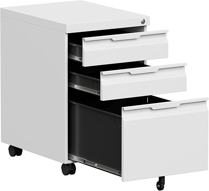 Bestoo 3-Drawer Mobile File Cabinet with Lock, Metal Filing Cabinet on Wheels for Home Office Under Desk, Fits File Folders, Letter/Legal/F4/A4 Size, Assembly Required (White)