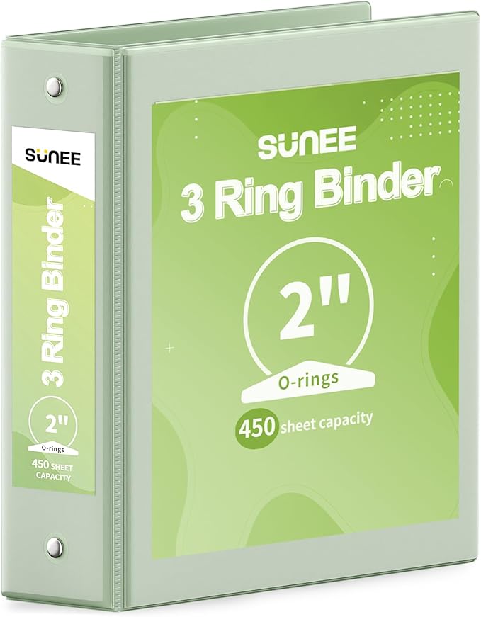 SUNEE 3 Ring Binder 2 Inch 1 Pack, Clear View Binder Three Ring PVC-Free (Fit 8.5x11 Inches) for School or Office Supplies, Sage Green