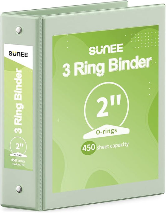 SUNEE 3 Ring Binder 2 Inch 1 Pack, Clear View Binder Three Ring PVC-Free (Fit 8.5x11 Inches) for School or Office Supplies, Sage Green