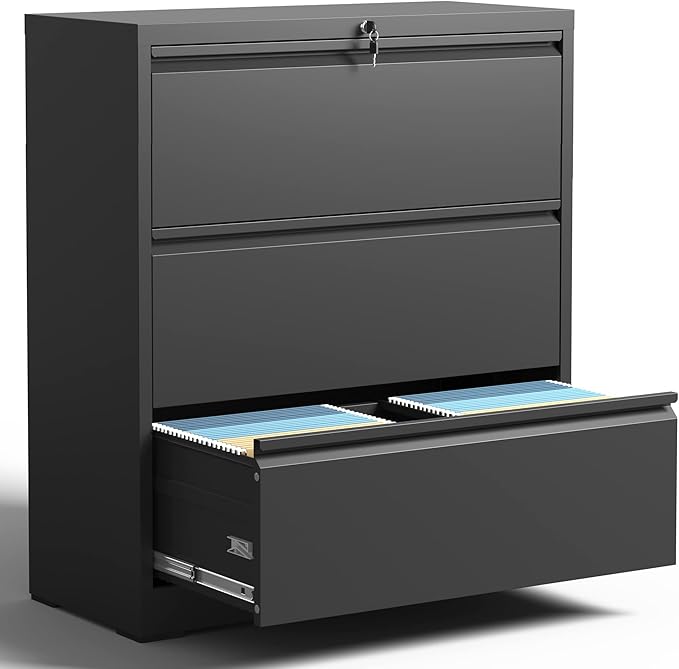 Yukimo 3 Drawer Lateral File Cabinet, File Cabinets for Home Office Legal/Letter A4 Size, File Cabinet with 3 Drawer Cabinet, Require Assembly, Black