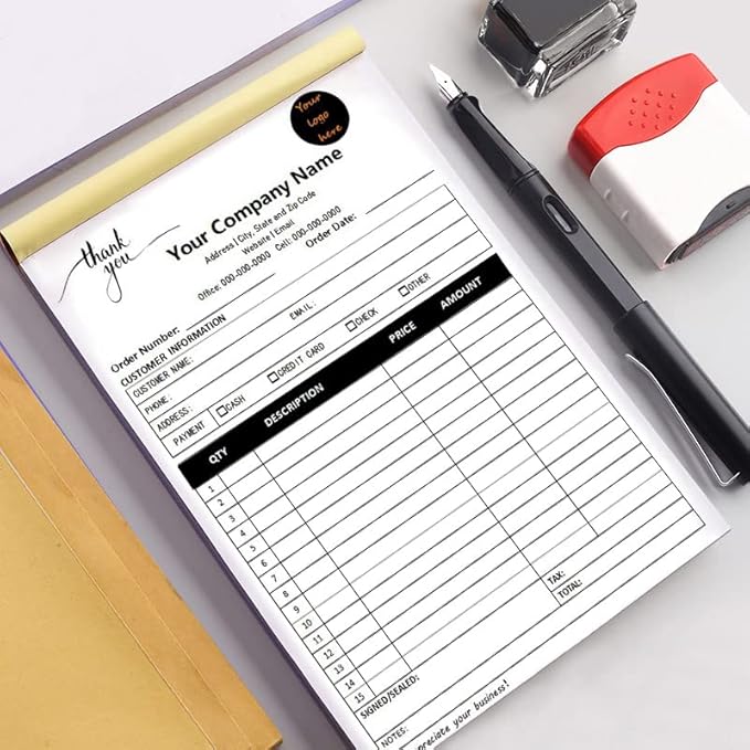 Personalized Invoice Book Custom 2 Part/3 Part Receipt Book Quote Estimate Order Forms Carbonless Form with Your Company Name Logo Address,2-10 Books (Style 13)