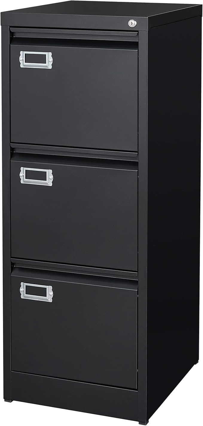 BYNSOE 3 Drawer File Cabinet with Lock Metal Vertical File Cabinet Office Home Narrow File Cabinet for A4 Legal/Letter Size,Assembly Required (Black, 3 Drawers-Vertical)