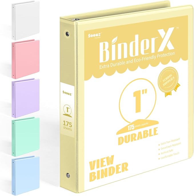 BinderX Extra Durable 3 Ring Binder, Round Ring 1 Inch Binders, Fits 175 Sheets of 8.5x11 Paper, Customizable View Cover with Inside Pockets, Cute 1" Binder, School Supplies for Girls, Yellow