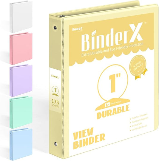 BinderX Extra Durable 3 Ring Binder, Round Ring 1 Inch Binders, Fits 175 Sheets of 8.5x11 Paper, Customizable View Cover with Inside Pockets, Cute 1" Binder, School Supplies for Girls, Yellow