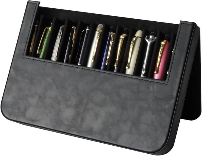 MIVLXLX PU Leather 12 Fountain Pen/Pencil Tray Case Organizer, Fashion Design, Handmade, Magnetic Closure with Drawer, Christmas Gift for Man/Woman/Office, 12 Slots(black)