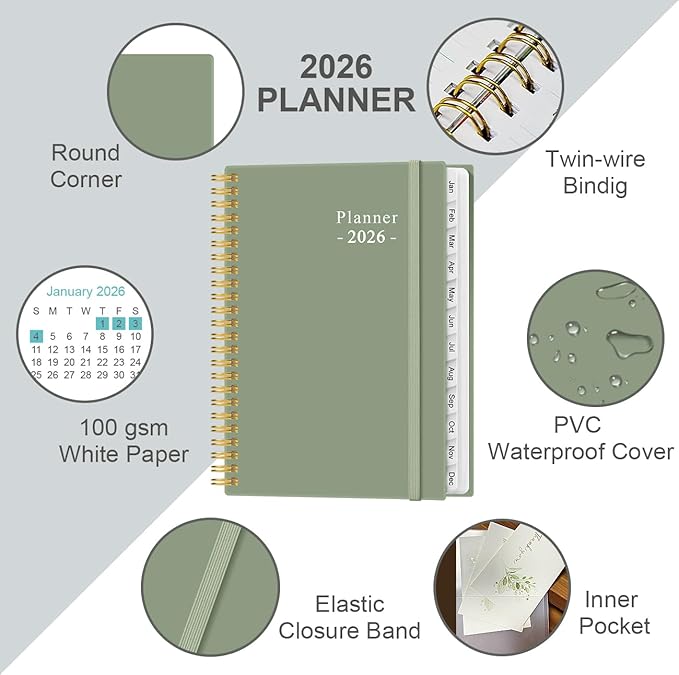 2026 Planner - Planner 2026 from January 2026 - December 2026, Weekly & Monthly Planner Spiral Bound with 12 Monthly Tabs, Inner Pocket, 6.4" x 8.5", Green-E
