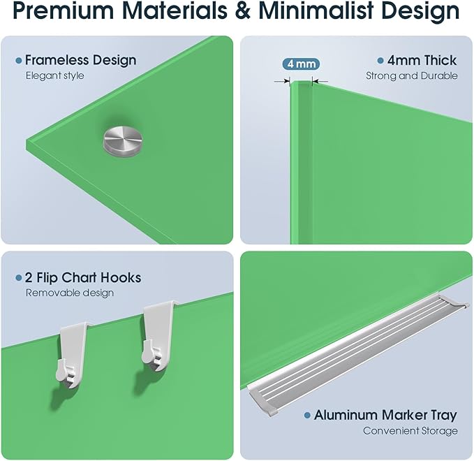 MaxGear Glass Whiteboard, Tempered Magnetic Dry Erase Board Green, Frameless Wall Mounted, Office Classroom Conference Room Home Use, Includes Markers, Eraser, Magnets & Mounting Kit