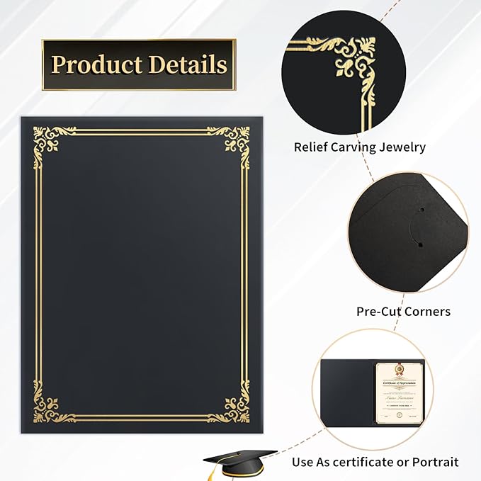 30 Packs Certificate Covers,Black Cardboard Diploma Cover,Certificate Holders Gold Foil Border,for Letter Size 8.5 x 11 Inch Awards and Certificates
